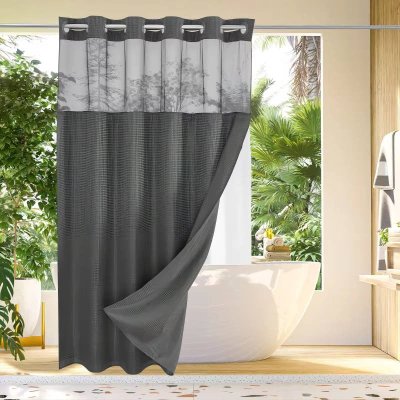 Waffle Textured Shower Curtain with Sewn-In Rings and Mesh Window Panel