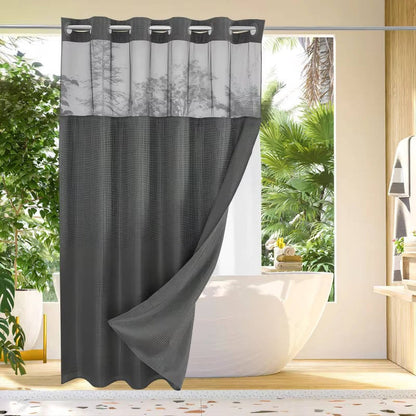 Waffle Textured Shower Curtain with Sewn-In Rings and Mesh Window Panel