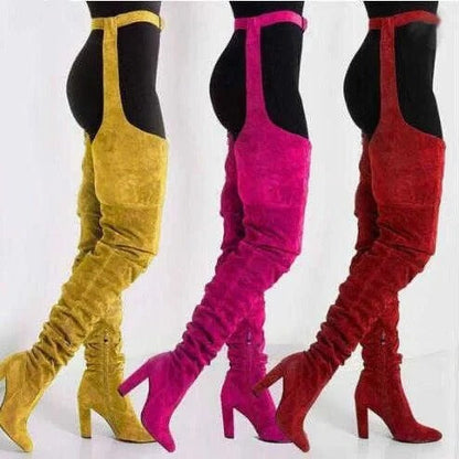 Thigh High Slouch Boots with Pointed Toe and Side Zipper, Chunky Heel