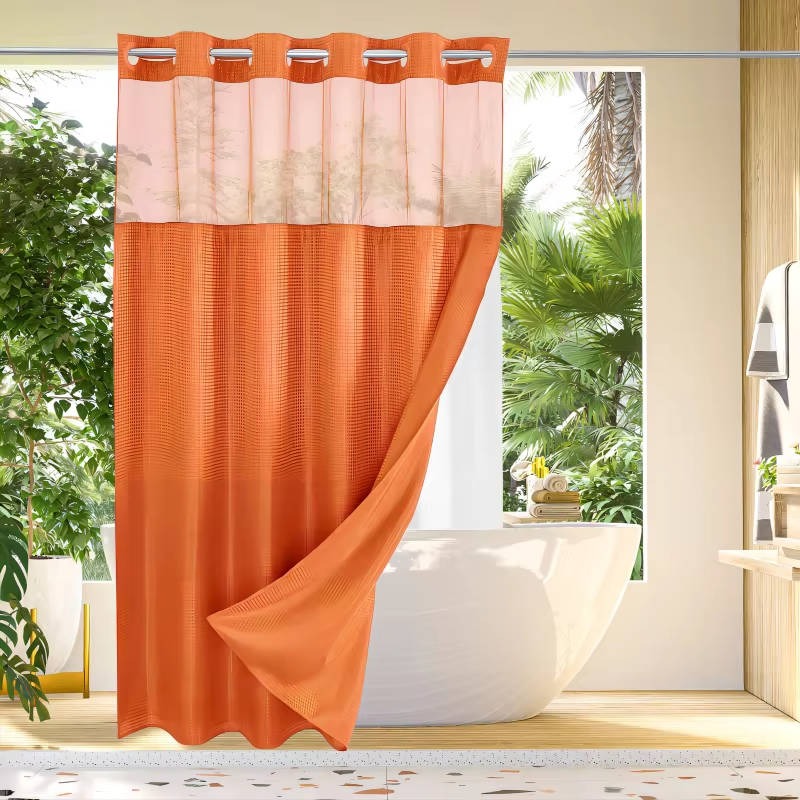 Waffle Textured Shower Curtain with Sewn-In Rings and Mesh Window Panel
