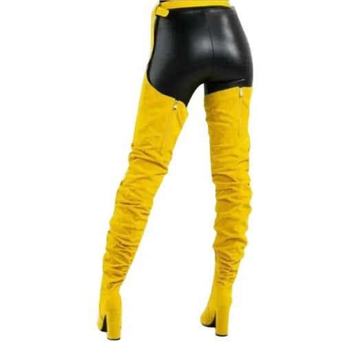Thigh High Slouch Boots with Pointed Toe and Side Zipper, Chunky Heel