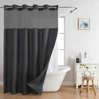 Waffle Textured Shower Curtain with Sewn-In Rings and Mesh Window Panel