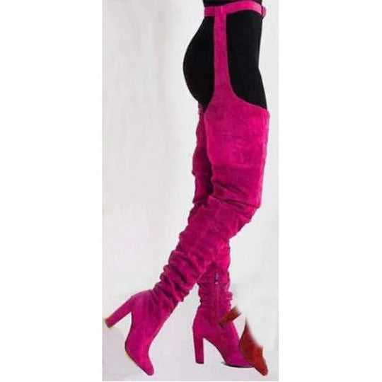 Thigh High Slouch Boots with Pointed Toe and Side Zipper, Chunky Heel