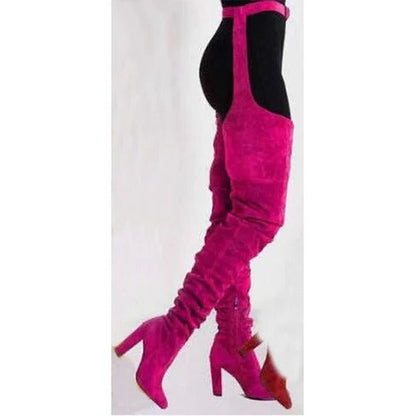 Thigh High Slouch Boots with Pointed Toe and Side Zipper, Chunky Heel