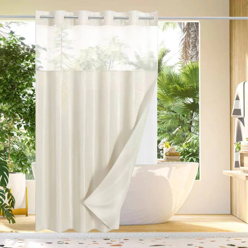 Waffle Textured Shower Curtain with Sewn-In Rings and Mesh Window Panel
