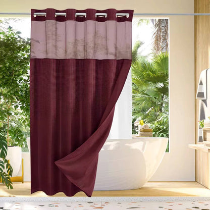 Waffle Textured Shower Curtain with Sewn-In Rings and Mesh Window Panel
