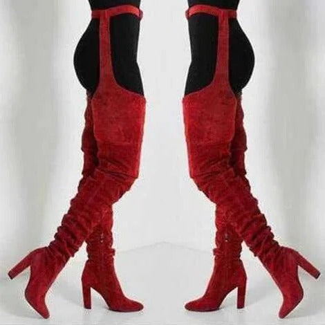 Thigh High Slouch Boots with Pointed Toe and Side Zipper, Chunky Heel