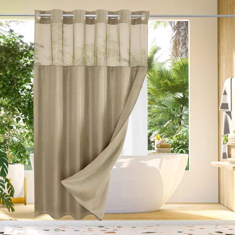 Waffle Textured Shower Curtain with Sewn-In Rings and Mesh Window Panel