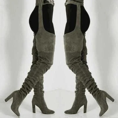 Thigh High Slouch Boots with Pointed Toe and Side Zipper, Chunky Heel