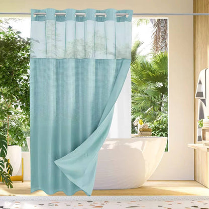Waffle Textured Shower Curtain with Sewn-In Rings and Mesh Window Panel