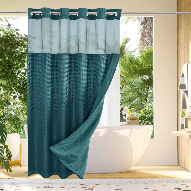 Waffle Textured Shower Curtain with Sewn-In Rings and Mesh Window Panel