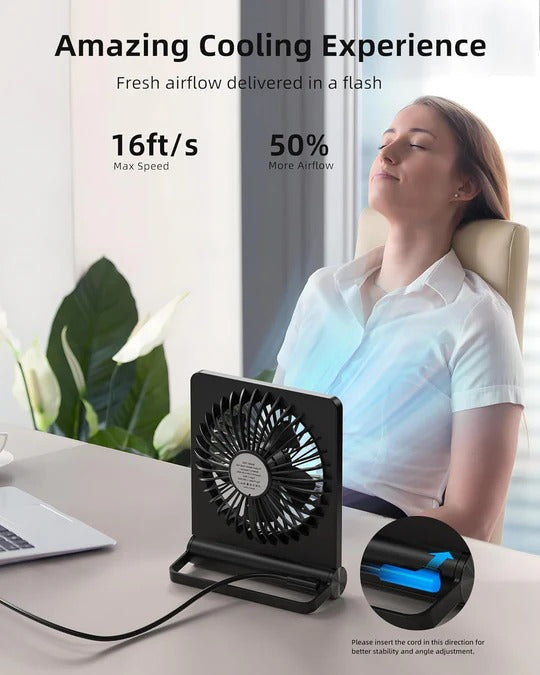Compact Desk Fan with 220 Degree Tilt and Three Speed Settings, USB Powered