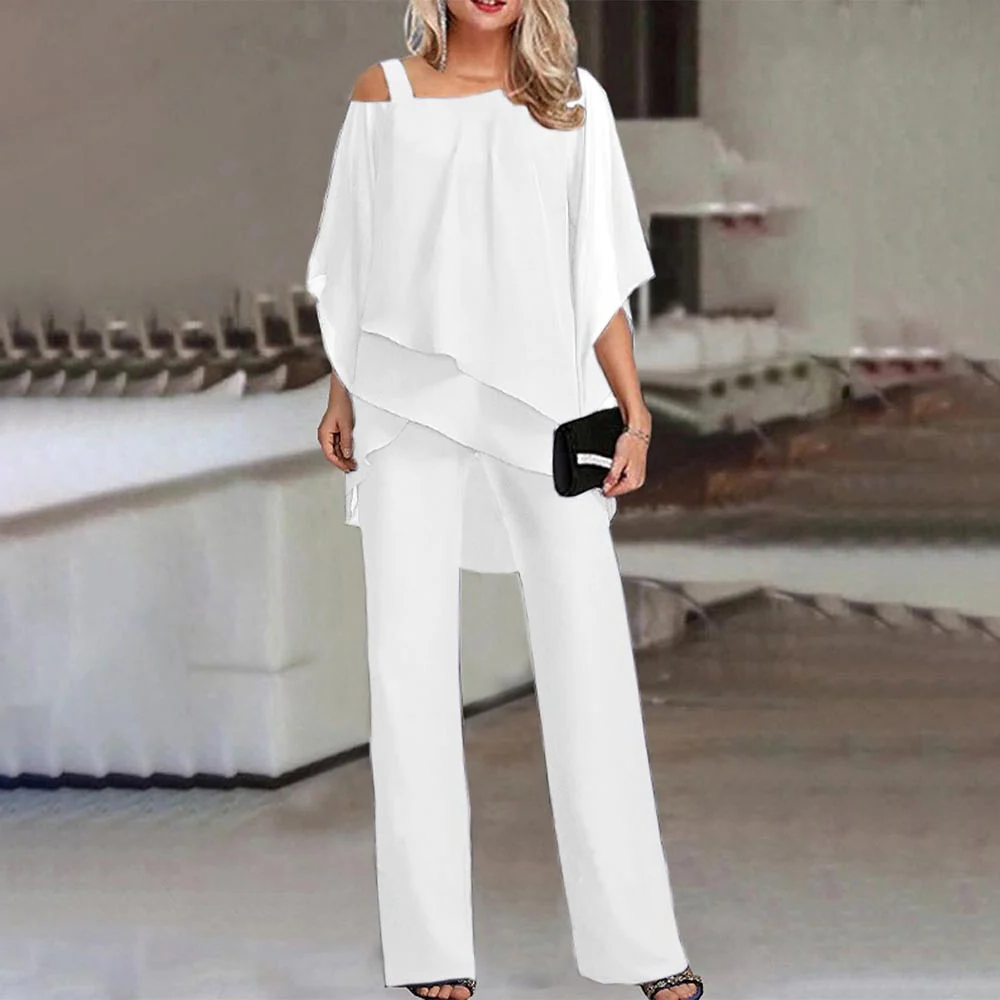 Women's Cold Shoulder Two-Piece Suit with Long Sleeves and Full Length Trousers