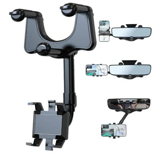 Rear View Mirror Phone Holder with 360 Degree Rotation and Retractable Arm Extension