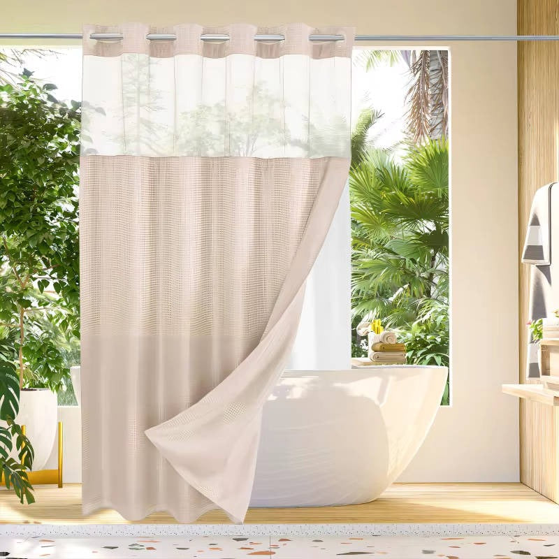 Waffle Textured Shower Curtain with Sewn-In Rings and Mesh Window Panel