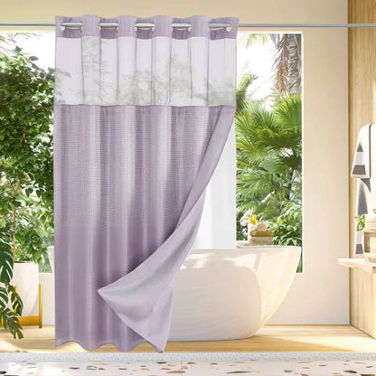 Waffle Textured Shower Curtain with Sewn-In Rings and Mesh Window Panel