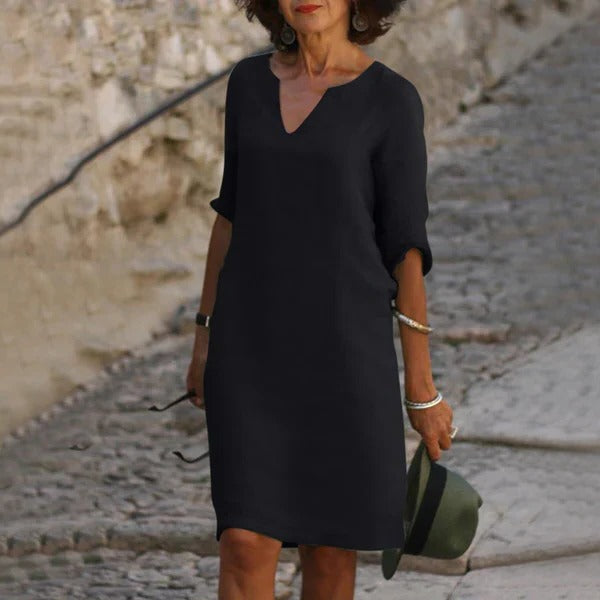 Loose Fit V-Neck Dress with Three-Quarter Sleeves and Breathable Blend