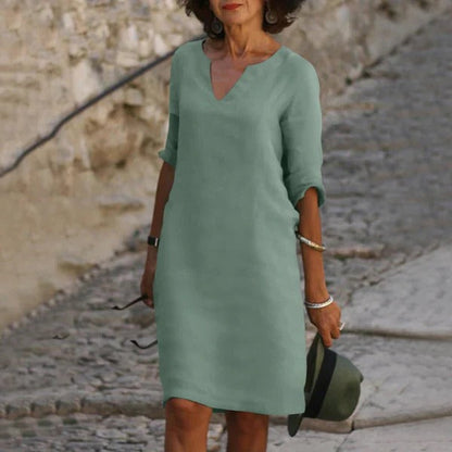 Loose Fit V-Neck Dress with Three-Quarter Sleeves and Breathable Blend