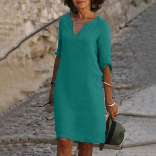 Loose Fit V-Neck Dress with Three-Quarter Sleeves and Breathable Blend