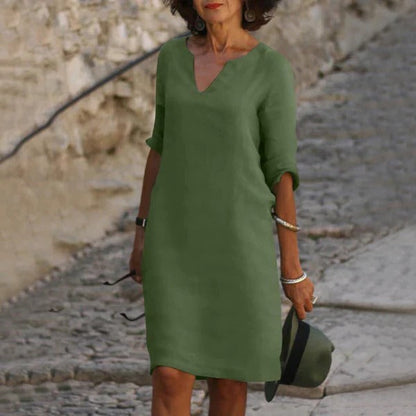 Loose Fit V-Neck Dress with Three-Quarter Sleeves and Breathable Blend