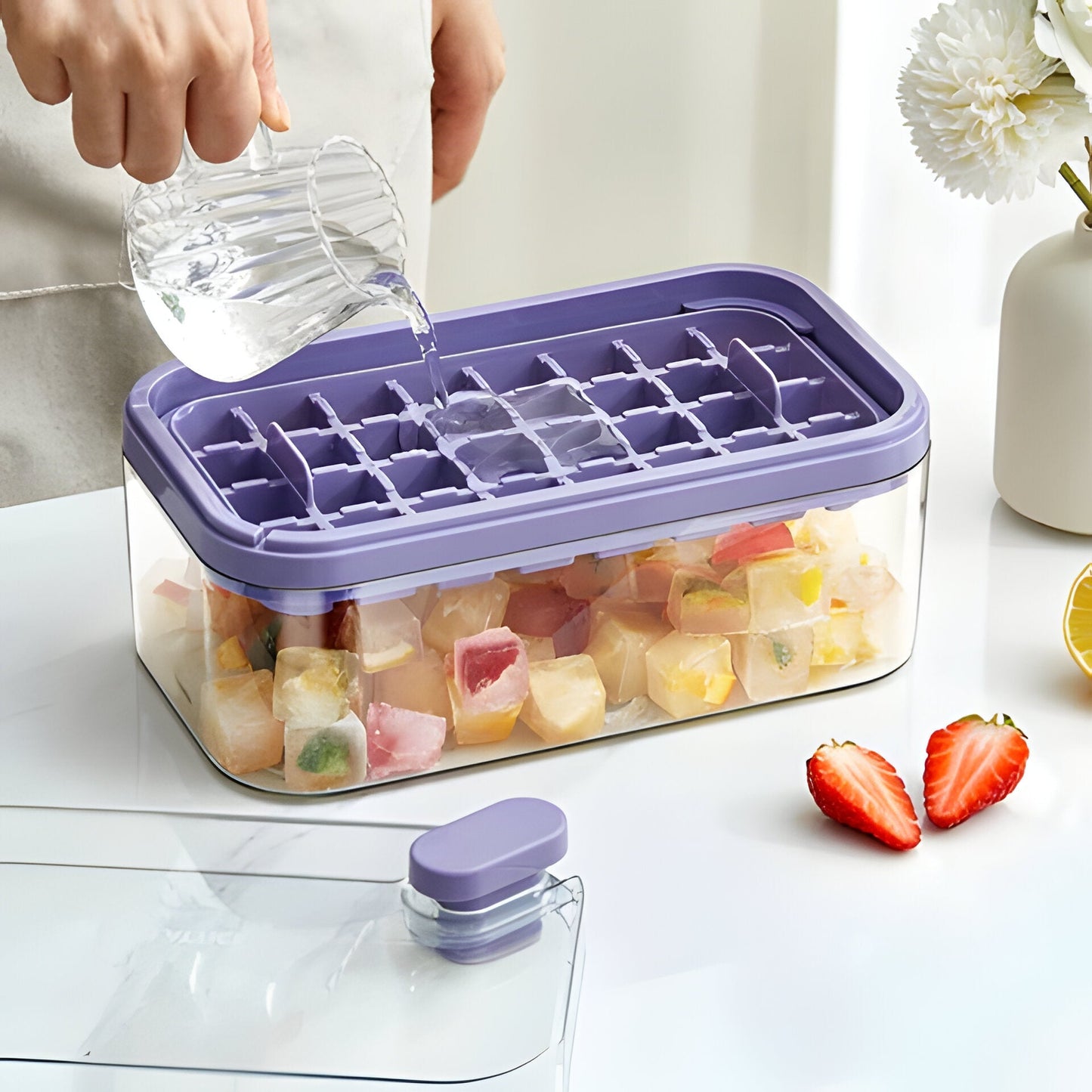 Push Release Ice Tray System with Storage Bin and Scoop