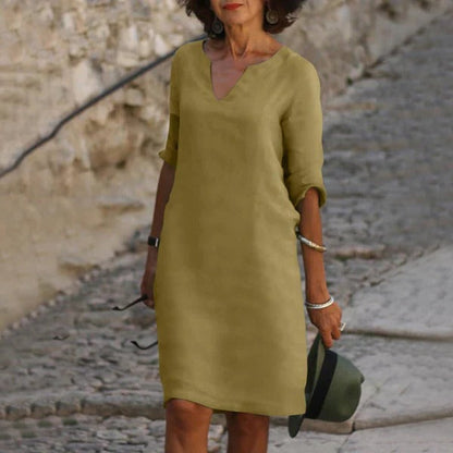 Loose Fit V-Neck Dress with Three-Quarter Sleeves and Breathable Blend