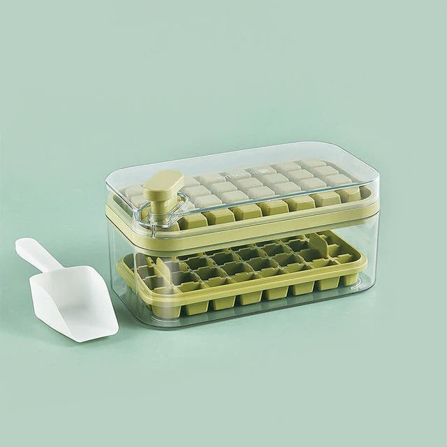 Push Release Ice Tray System with Storage Bin and Scoop