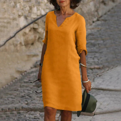 Loose Fit V-Neck Dress with Three-Quarter Sleeves and Breathable Blend
