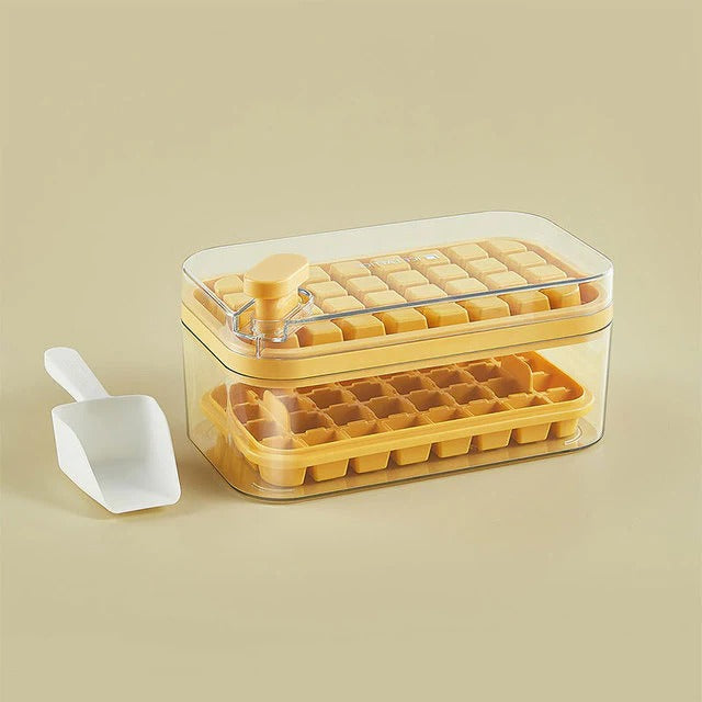 Push Release Ice Tray System with Storage Bin and Scoop