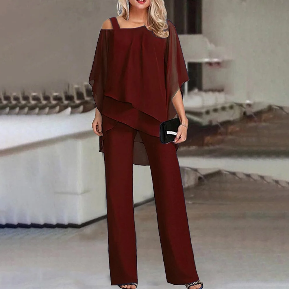 Women's Cold Shoulder Two-Piece Suit with Long Sleeves and Full Length Trousers