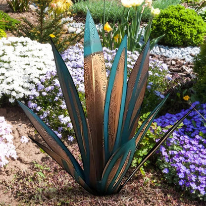 Metal Agave Plant Sculpture with Rust Finish and Metallic Highlights for Outdoor Decor
