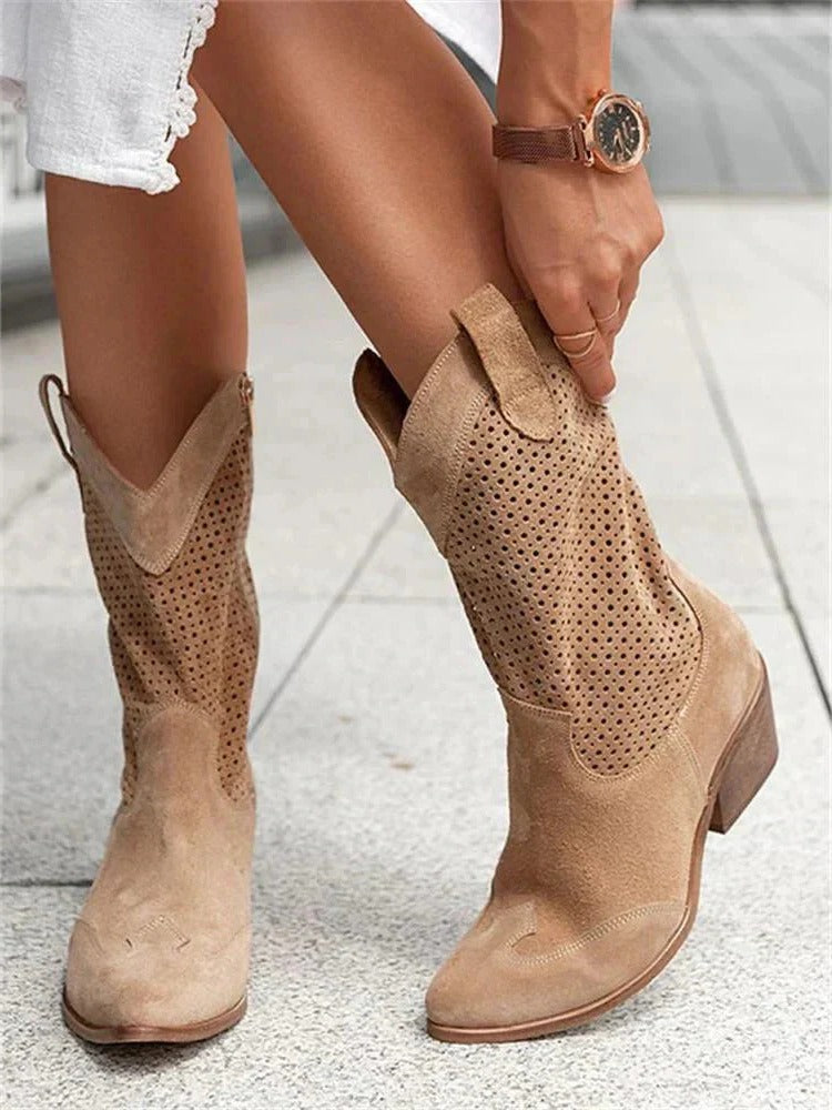 Side Zipper Cowboy Boots with Closed Toe and Contoured Sole, Mid Calf Height