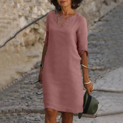 Loose Fit V-Neck Dress with Three-Quarter Sleeves and Breathable Blend