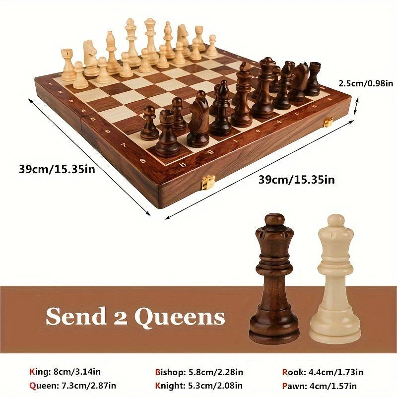 Wood Chess Board with 34 Game Pieces and Fixed Play Grid, 15.7in