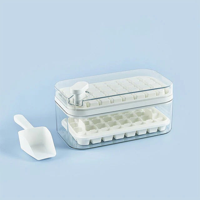 Push Release Ice Tray System with Storage Bin and Scoop