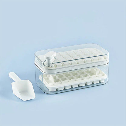 Push Release Ice Tray System with Storage Bin and Scoop