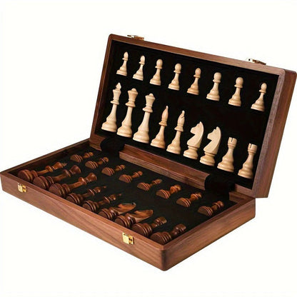 Wood Chess Board with 34 Game Pieces and Fixed Play Grid, 15.7in