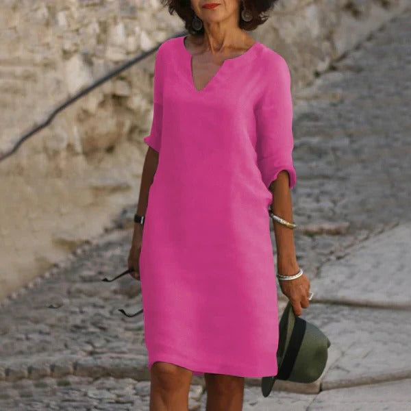 Loose Fit V-Neck Dress with Three-Quarter Sleeves and Breathable Blend