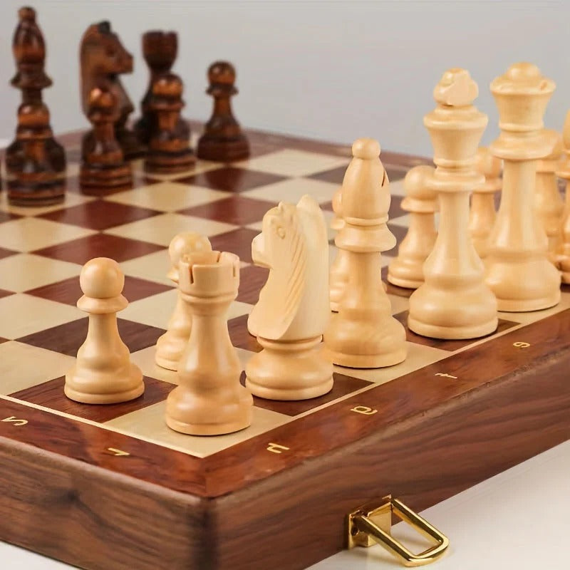 Wood Chess Board with 34 Game Pieces and Fixed Play Grid, 15.7in