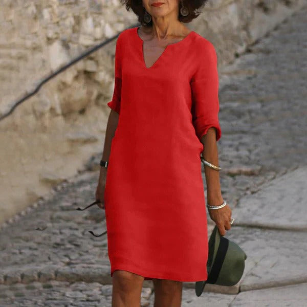 Loose Fit V-Neck Dress with Three-Quarter Sleeves and Breathable Blend