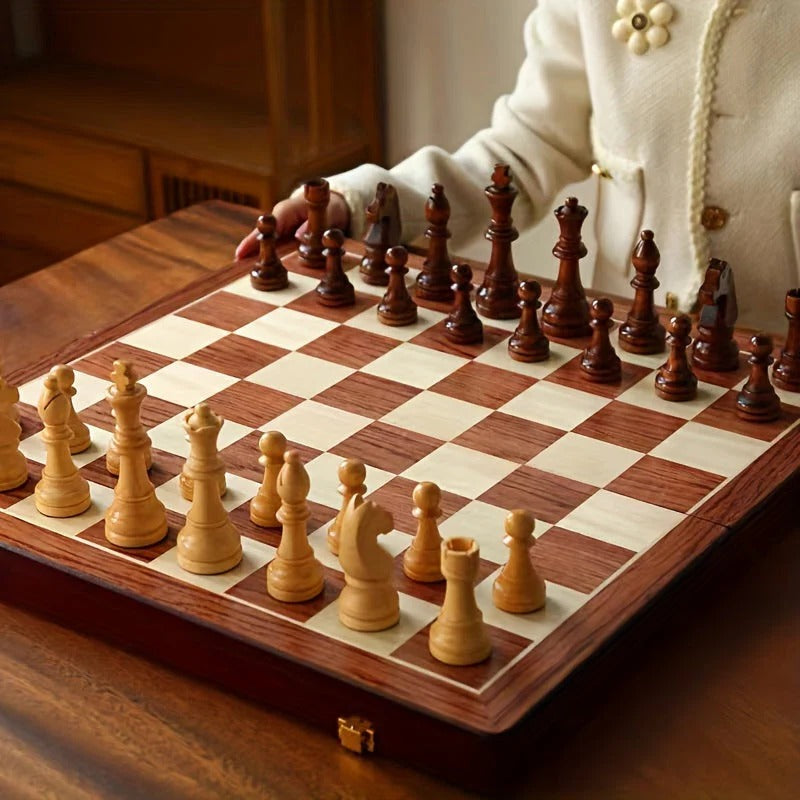 Wood Chess Board with 34 Game Pieces and Fixed Play Grid, 15.7in