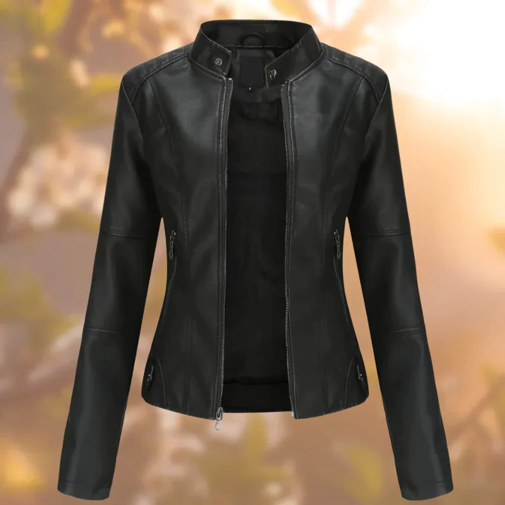 Stand Collar Jacket with Metallic Hardware Accents and Structured Design, Hip Length Cut