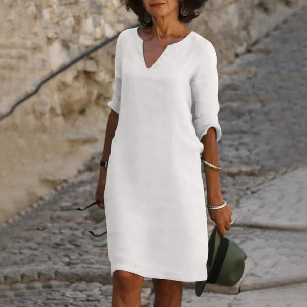 Loose Fit V-Neck Dress with Three-Quarter Sleeves and Breathable Blend