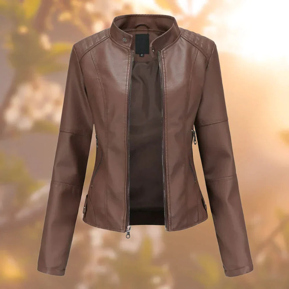 Stand Collar Jacket with Metallic Hardware Accents and Structured Design, Hip Length Cut