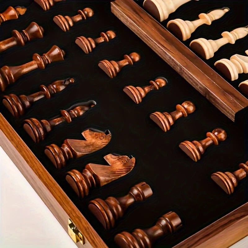 Wood Chess Board with 34 Game Pieces and Fixed Play Grid, 15.7in
