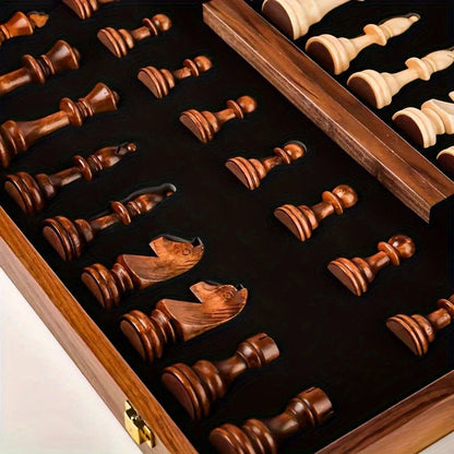 Wood Chess Board with 34 Game Pieces and Fixed Play Grid, 15.7in