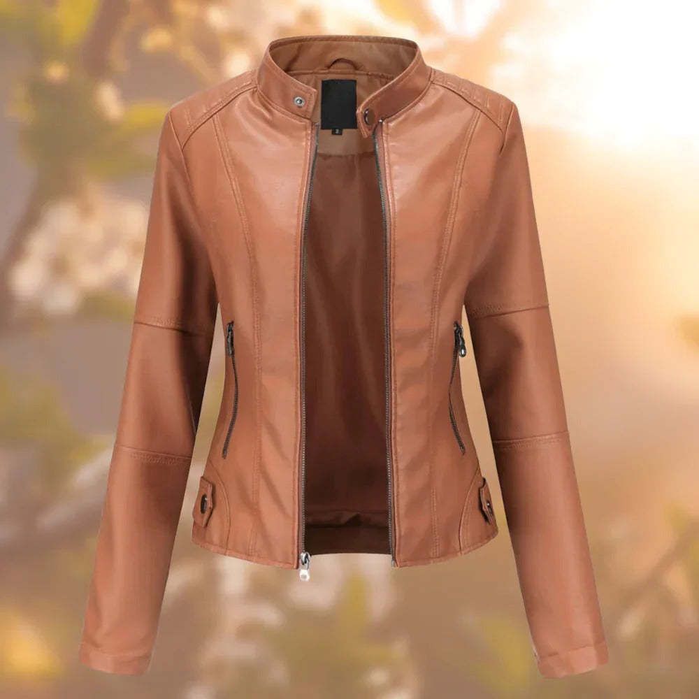 Stand Collar Jacket with Metallic Hardware Accents and Structured Design, Hip Length Cut