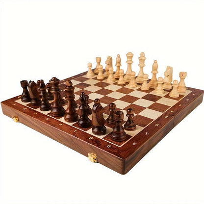 Wood Chess Board with 34 Game Pieces and Fixed Play Grid, 15.7in