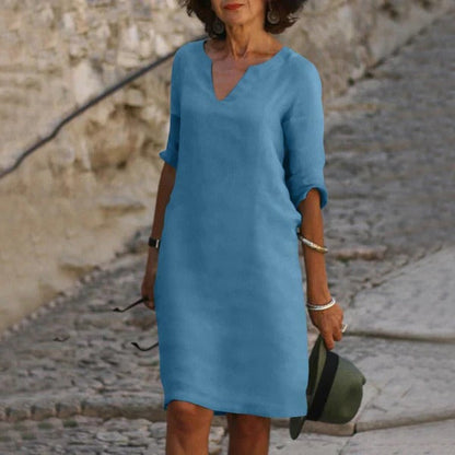 Loose Fit V-Neck Dress with Three-Quarter Sleeves and Breathable Blend