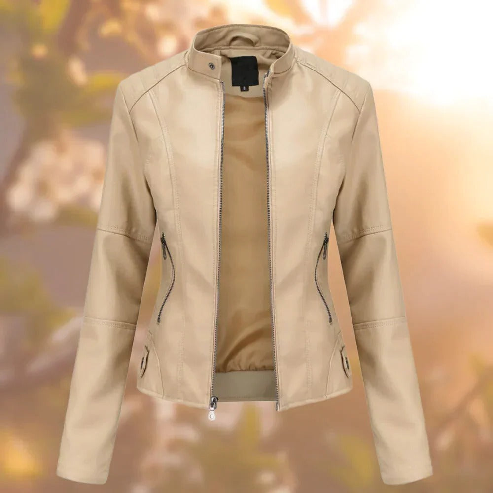 Stand Collar Jacket with Metallic Hardware Accents and Structured Design, Hip Length Cut
